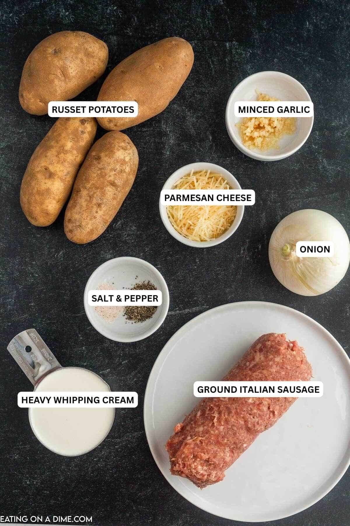 Crock Pot Sausage Potato Soup Recipe will satisfy even the pickiest of eaters. The sausage is so filling and the potatoes make the recipe creamy and tasty. Ingredients for recipe: potatoes, parmesan cheese, onion, salt, pepper, heavy whipping cream and ground Italian sausage.
