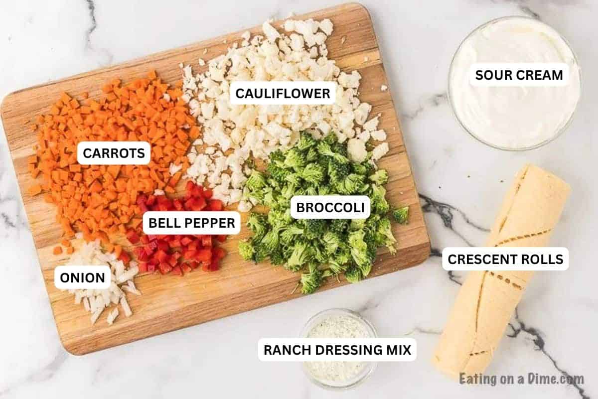 Check out this Crescent Roll Veggie Pizza Appetizer. It's so easy! Even those that do not like veggies, will love this crescent roll pizza appetizer. Ingredients for recipe: carrots, cauliflower, onion, bell pepper, broccoli, sour cream, crescent rolls and ranch dressing mix.
