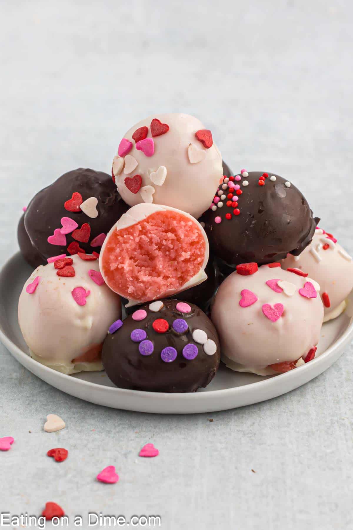 Valentine's Day Cake Balls stacked on a platter