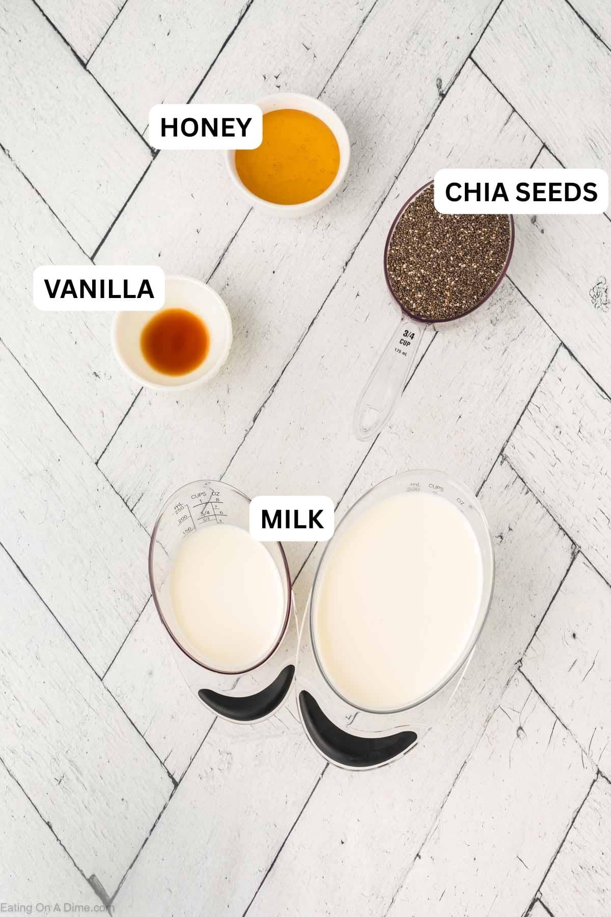 Ingredients required to make the recipe includes milk, chia seeds, vanilla extract, maple syrup, fruit and more.