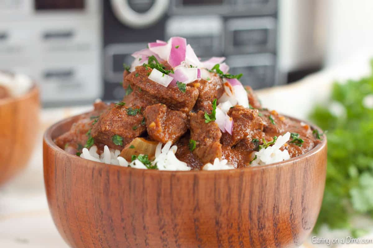 Beef Curry in a bowl with white rice