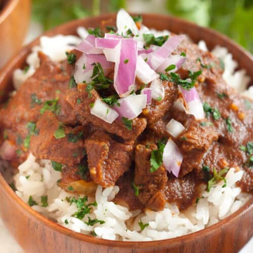 Beef Curry in a bowl with white rice