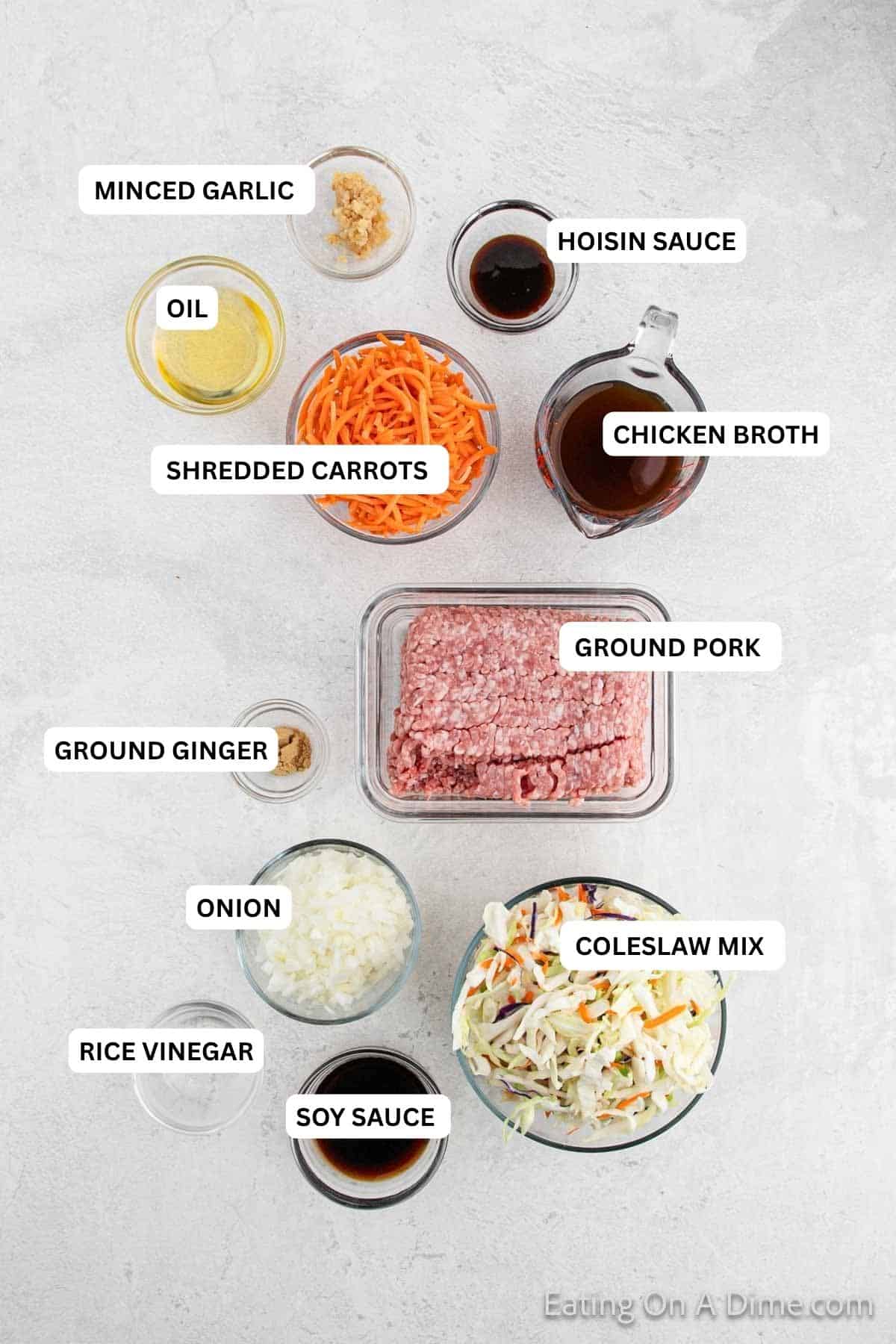 Ingredients for recipe: soy sauce, rice vinegar, onion, coleslaw mix, ground ginger, ground pork, chicken broth, carrots, oil, Hoisin sauce, oil and minced garlic.
