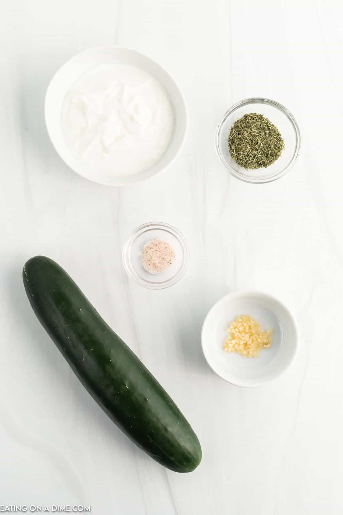 Tzatziki Sauce Ingredients - Greek Yogurt, cucumber, dill, salt, pepper, garlic
