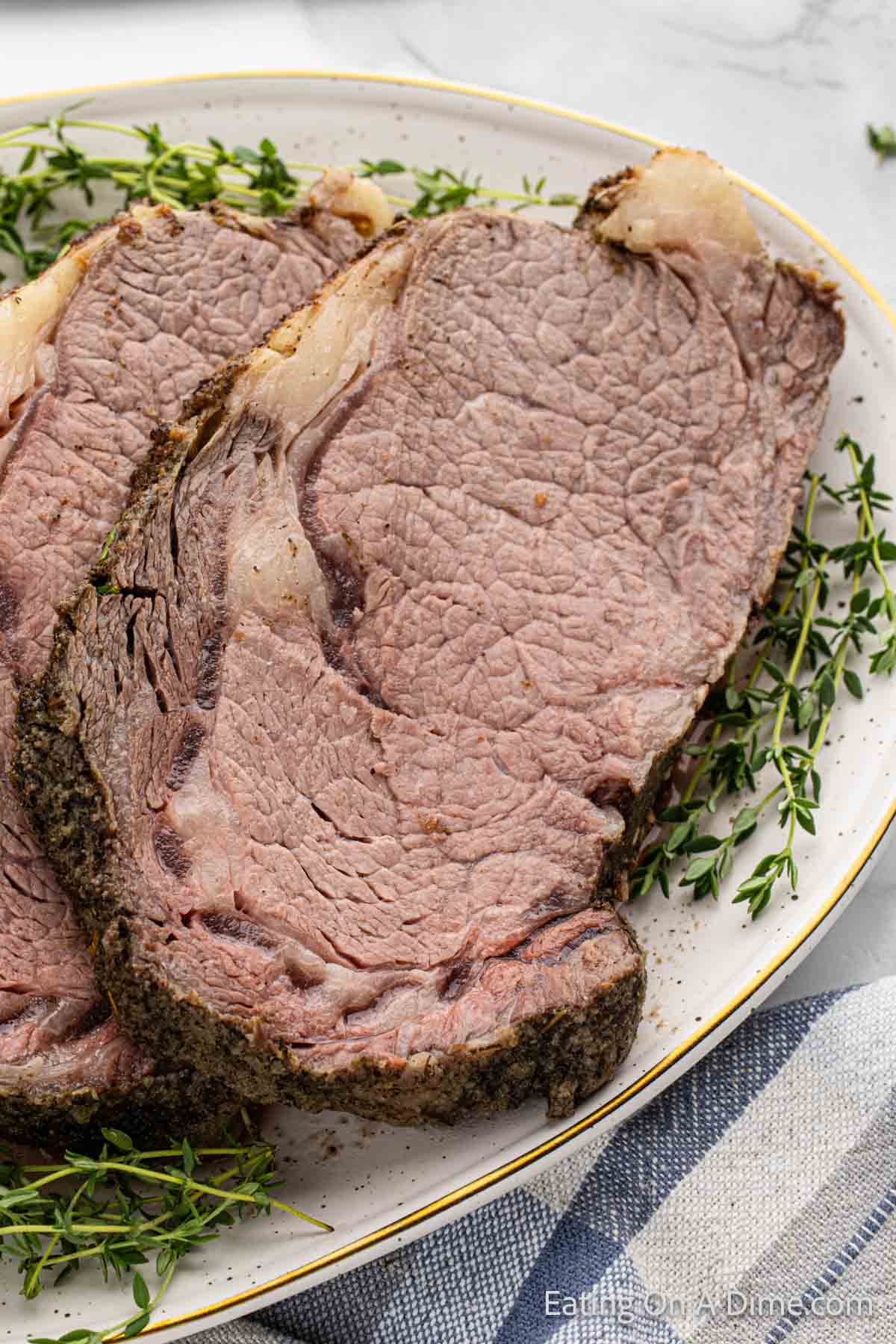 Close up image of prime rib on a platter