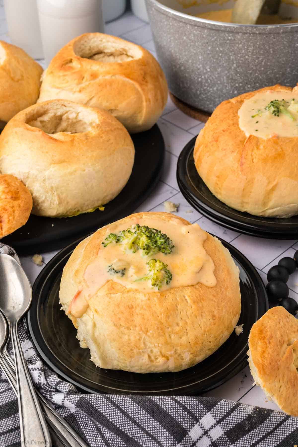 Bread Bowls with broccoli cheese soup 