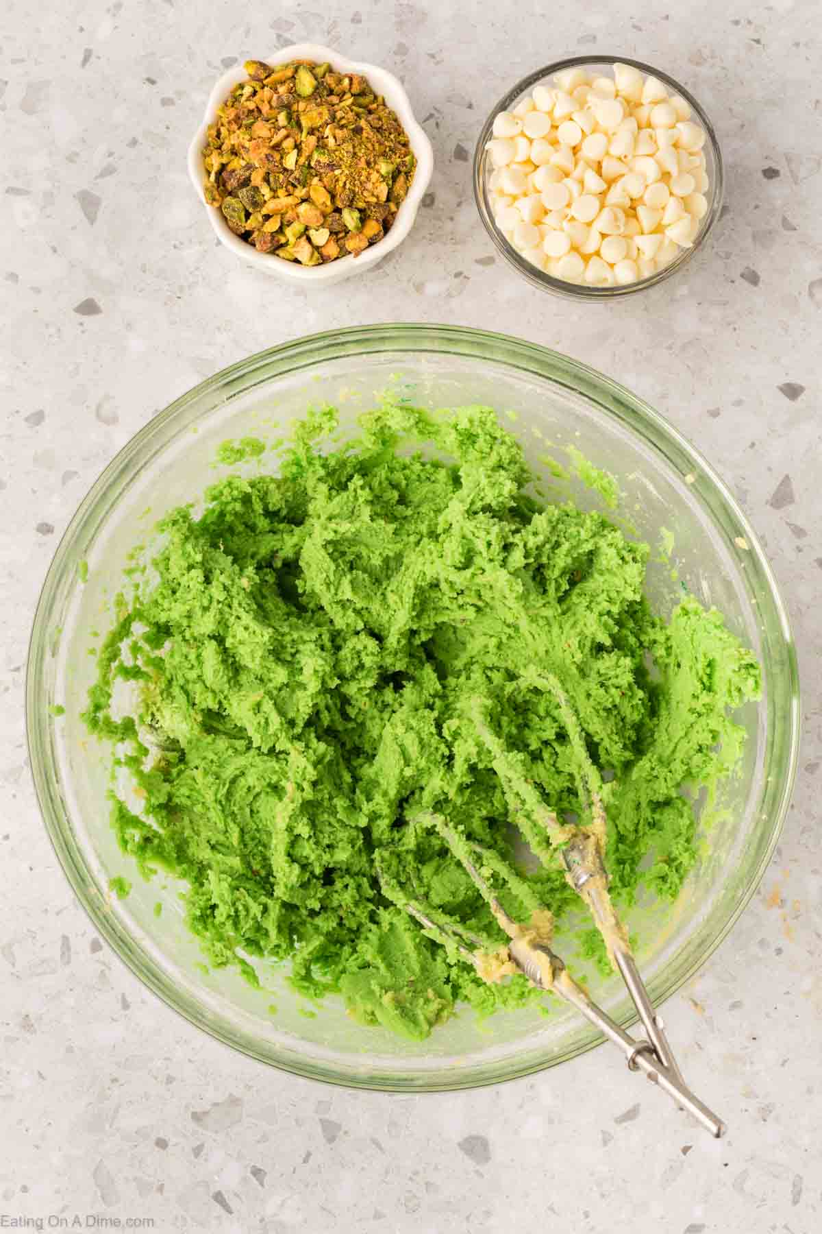 Mix dry ingredients and wet ingredients together and add in green food coloring