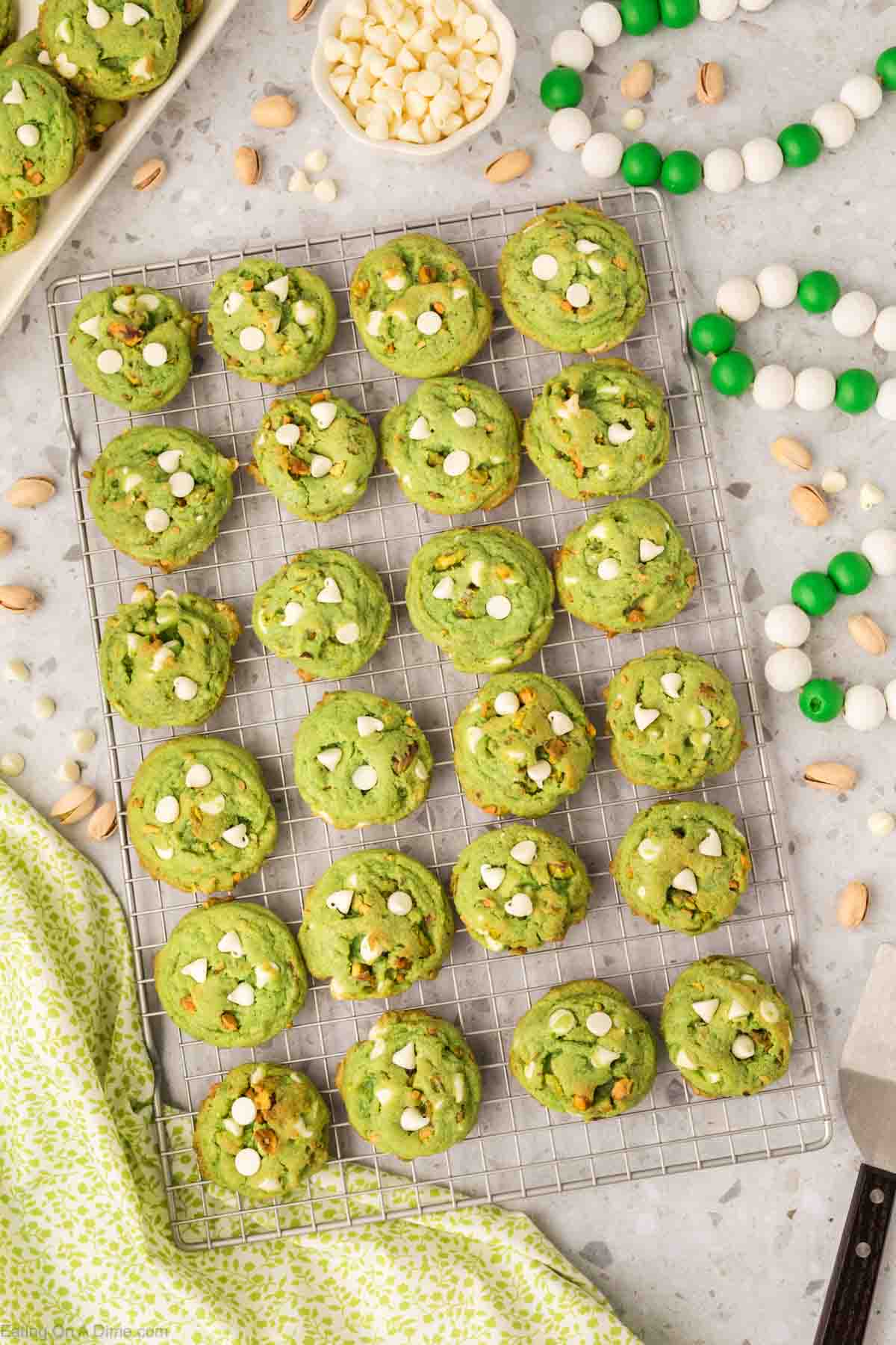 Pistachio Cookies on a wire rack 