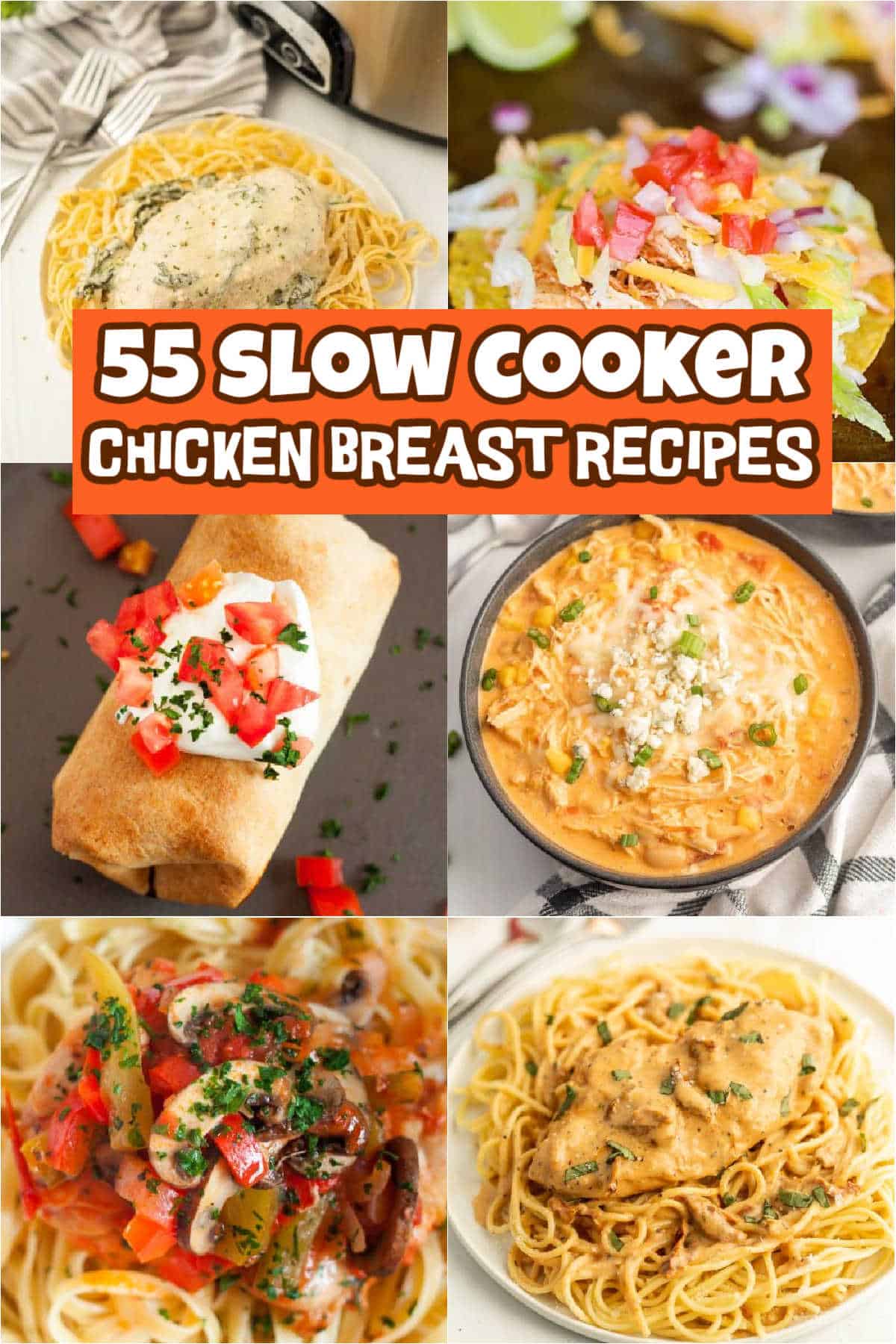 These Slow Cooker Chicken Breast Recipes make dinnertime a breeze. You will love these 55 recipes that are easy to make with simple ingredients. Chicken cooks tender, juicy and full of flavor with these simple recipes.  #eatingonadime #slowcookerchickenbreastrecipes #chickenbreastrecipes