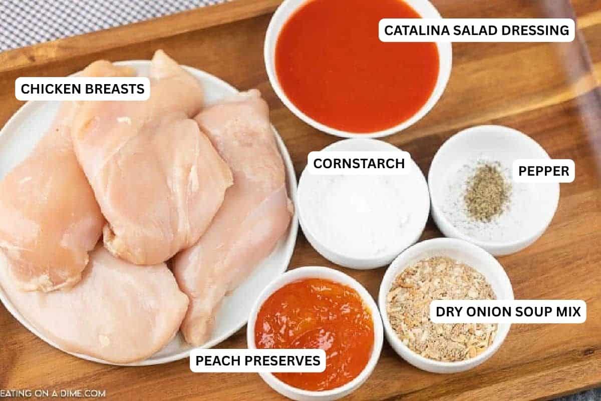 Crock pot catalina chicken is sweet and tangy and the combination turns chicken into something special. The crockpot makes dinner a breeze. Ingredients for recipe: Catalina salad dressing, chicken breasts, cornstarch, pepper, peach preserves and dry onion soup mix.
