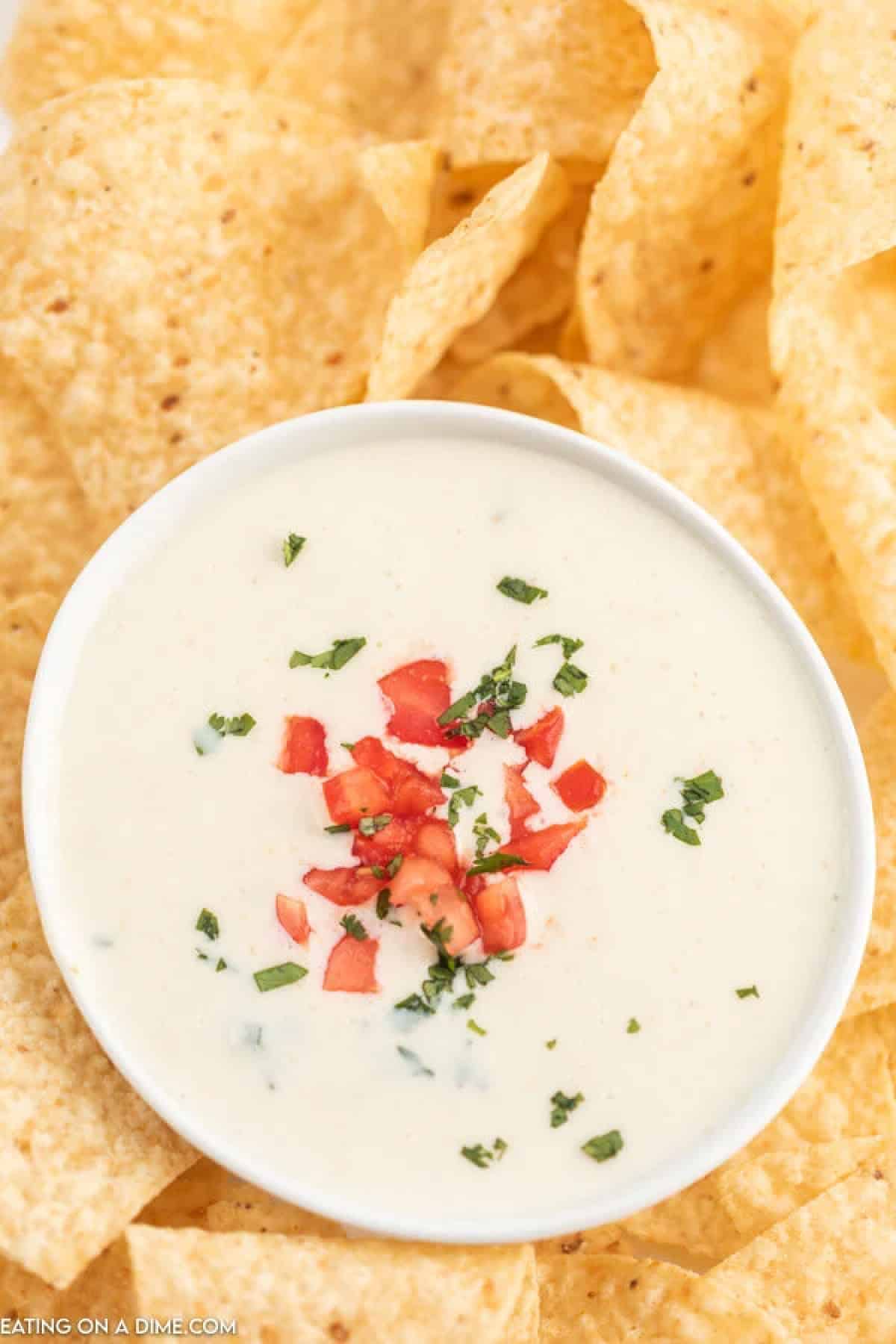 A small bowl of white cheese dip topped with tomatoes and cilantro with tortilla chips next to the bowl 