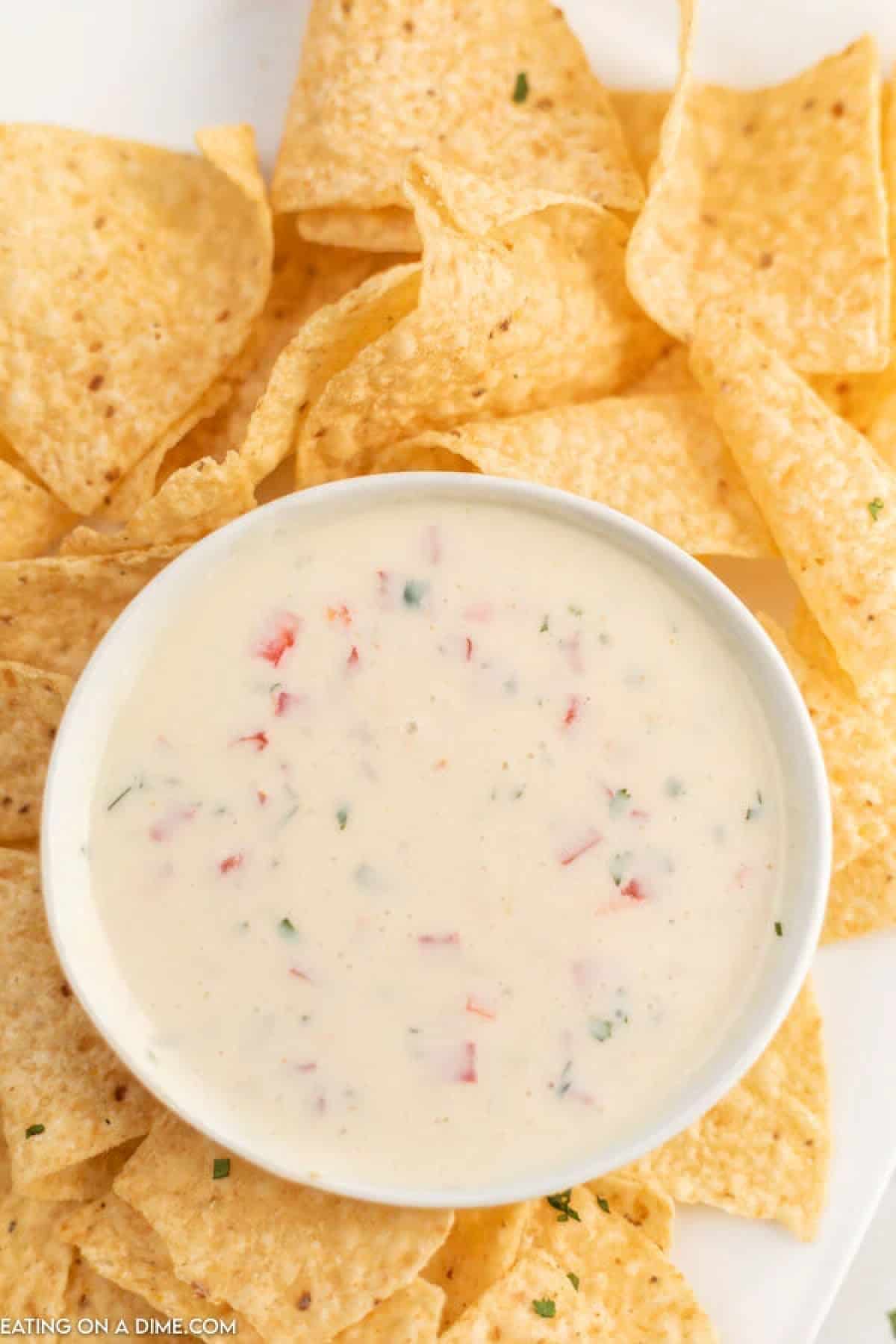 A bowl of white cheese dip with chips next to it 