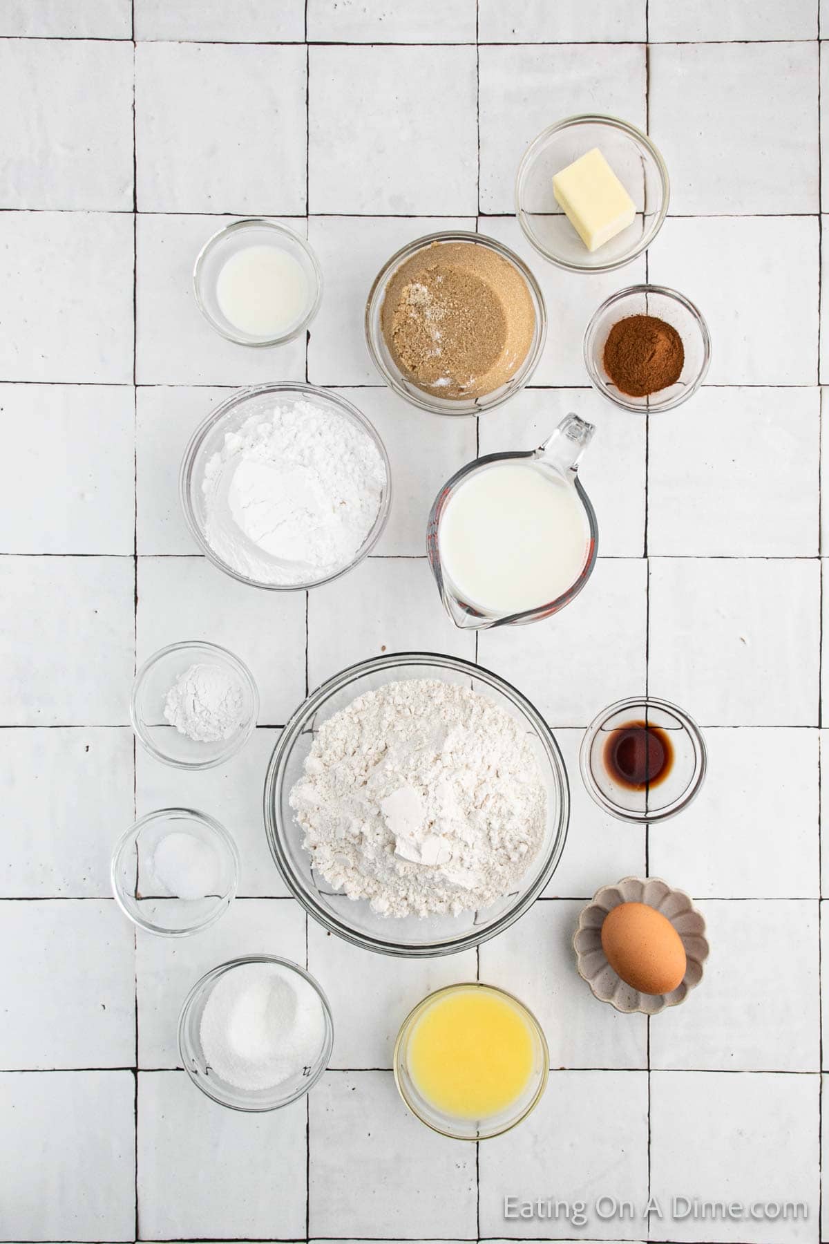 Flour, baking powder, salt, sugar, butter, egg, milk, brown sugar, cinnamon, powdered sugar, vanilla 
