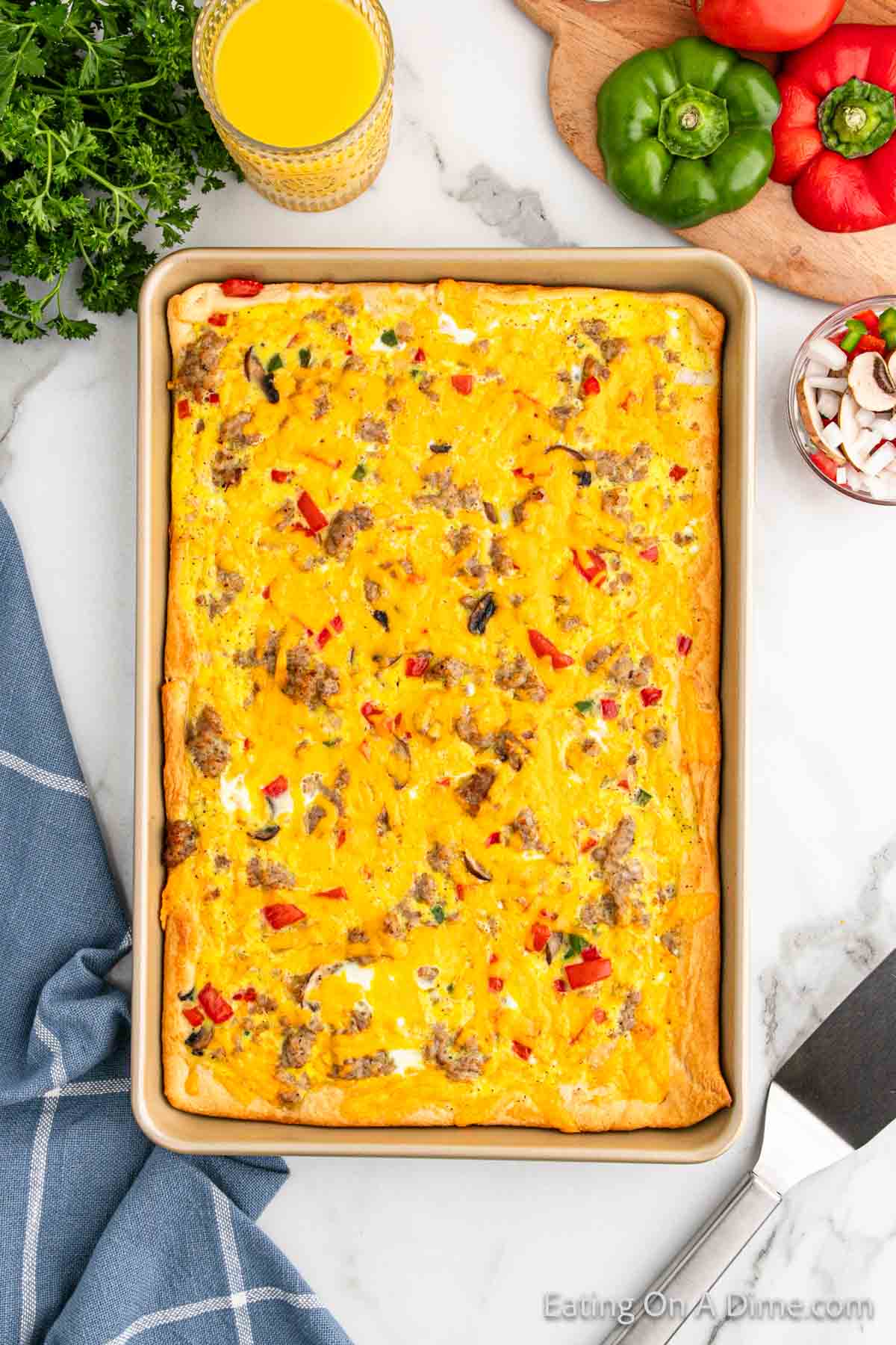 Whole Crescent Roll Breakfast Pizza in a baking dish