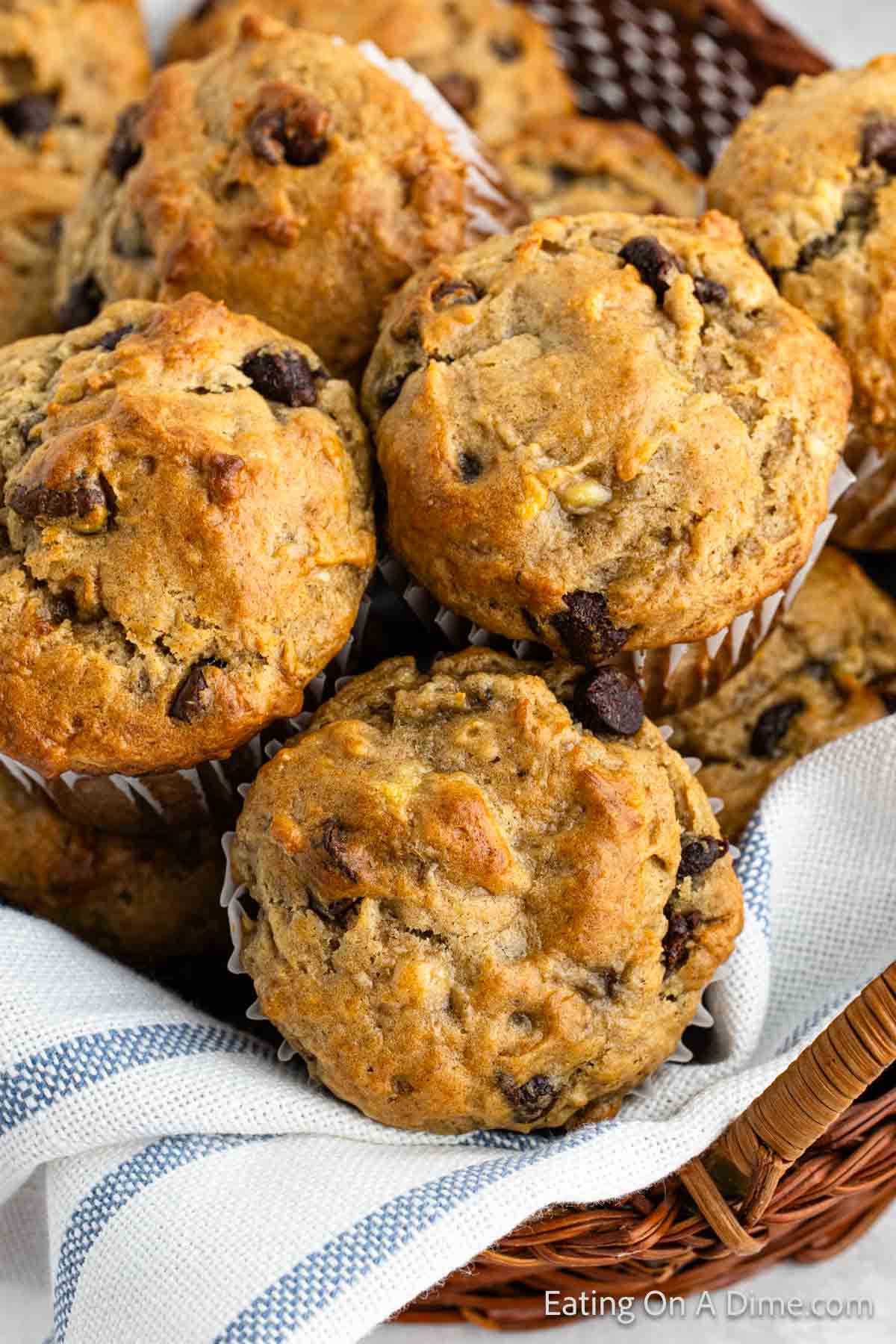 Peanut Butter Banana Muffins stacked in a basket