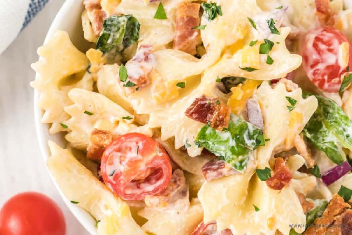 BLT Pasta Salad is always a crowd pleaser. There is something about that creamy ranch dressing combined with the bacon and veggies that make this delicious. 