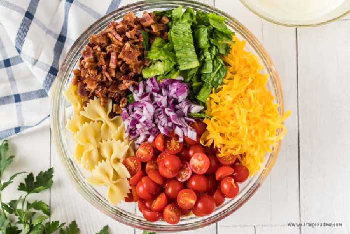 Bowl of pasta topped with chopped bacon, lettuce, red onion, cheese and tomatoes