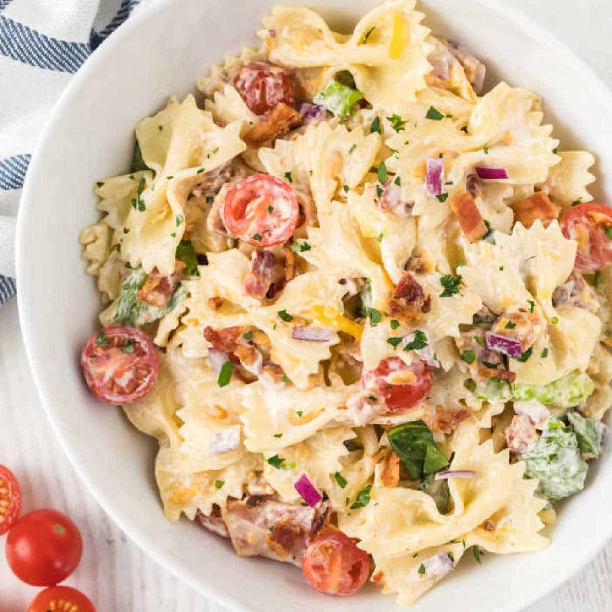 BLT Pasta Salad is always a crowd pleaser. There is something about that creamy ranch dressing combined with the bacon and veggies that make this delicious. 