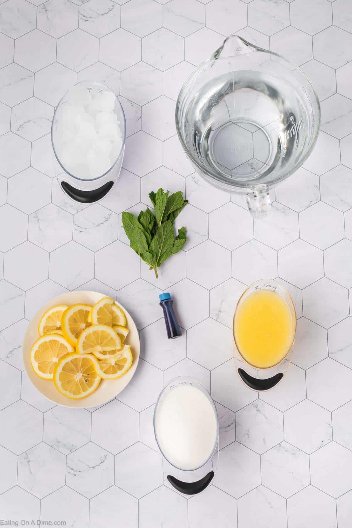 Blue lemonade ingredients - lemon, blue food coloring, mint, water, ice, sugar