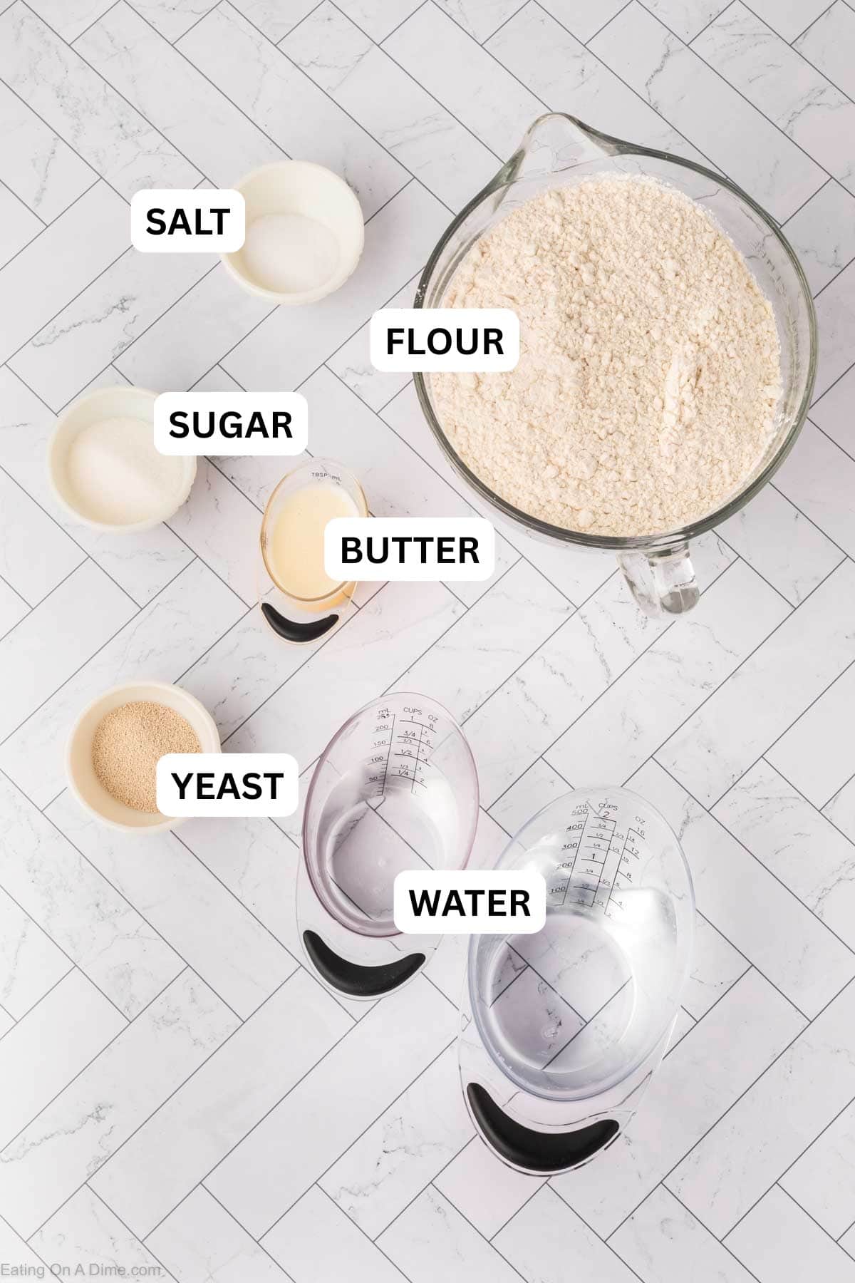 Ingredients needed for recipe: active dry yeast, flour, water, butter, sugar, salt, egg, milk.