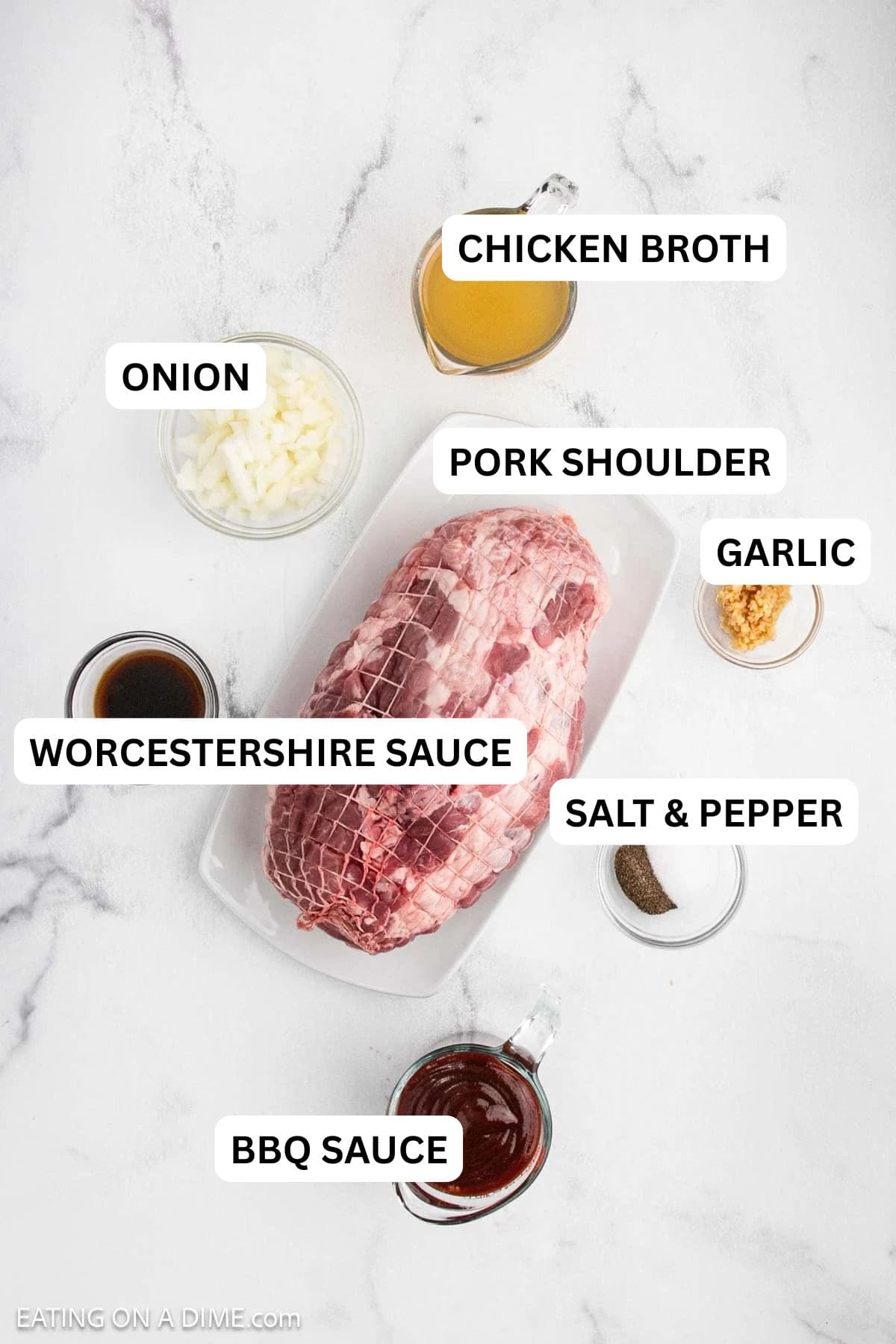 Ingredients need to make this recipe which includes a pork shoulder, BBQ sauce, chopped onions and more.