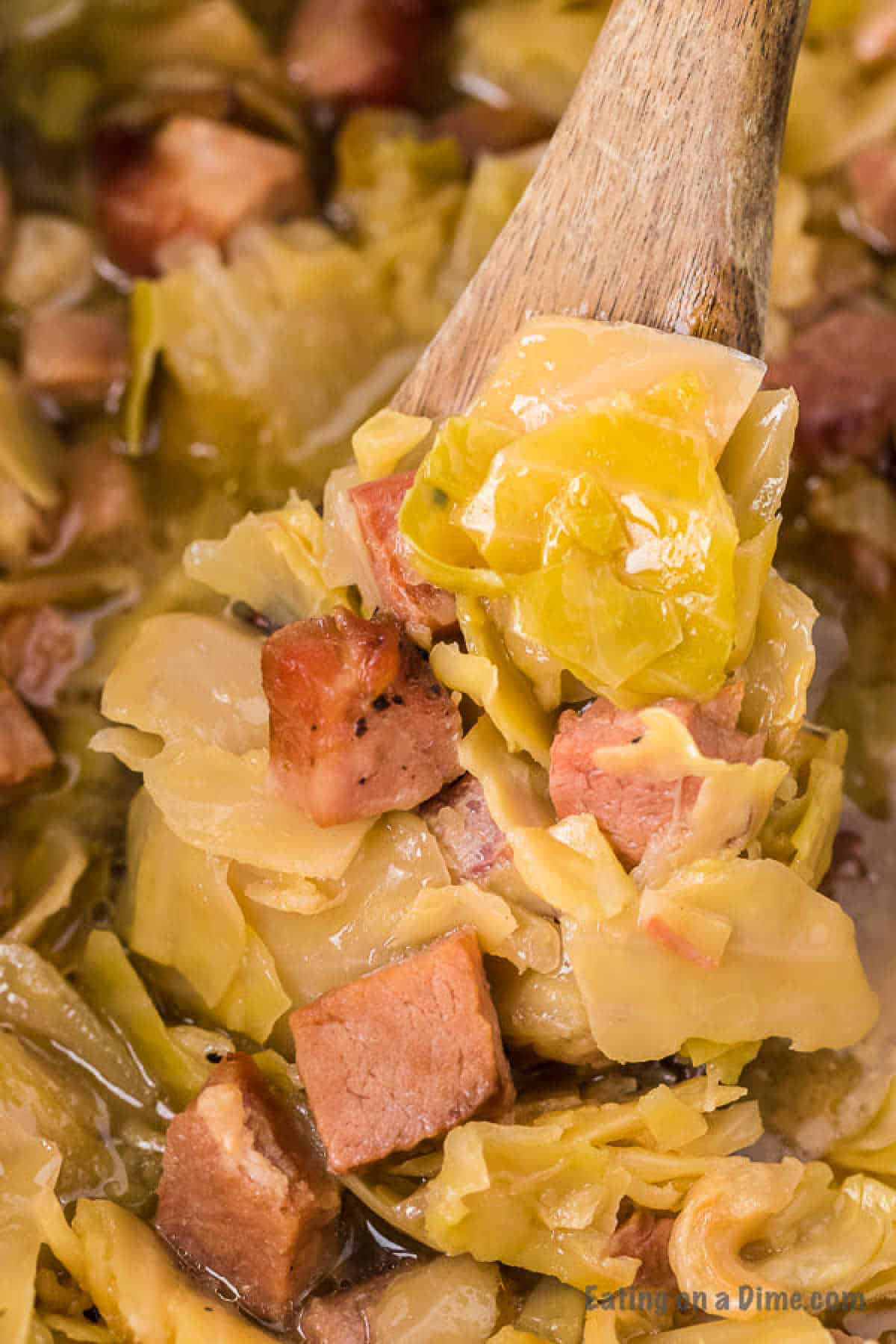 cabbage and ham on a wooden spoon