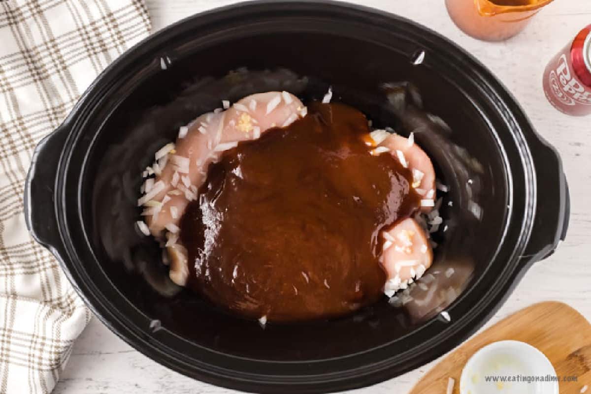 Placing the chicken and the other ingredients in the slow cooker