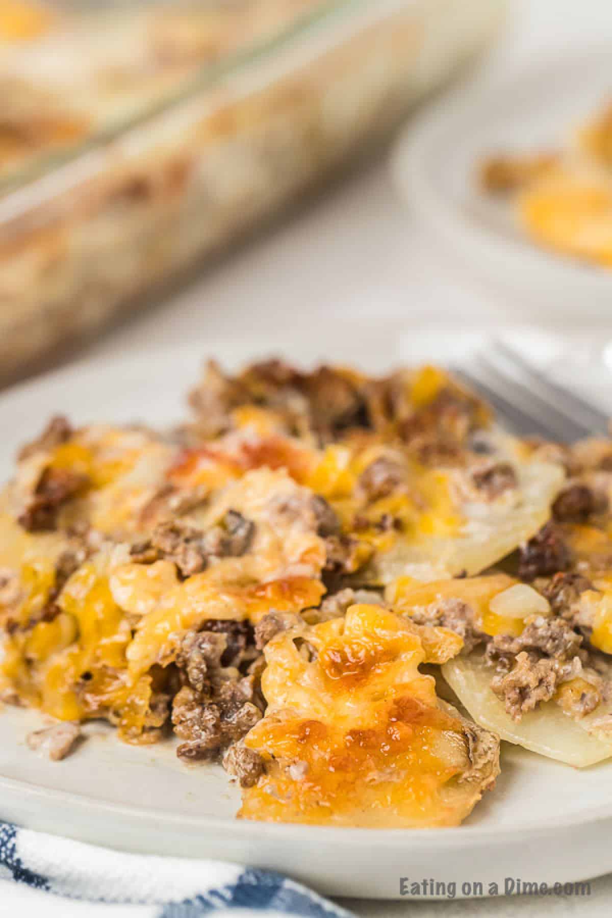 A serving of hamburger casserole on a plate