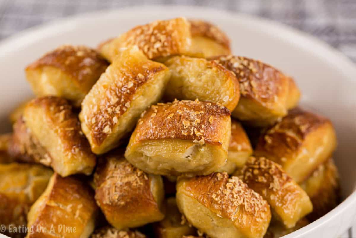 Pretzel Bites stacked in a bowl.