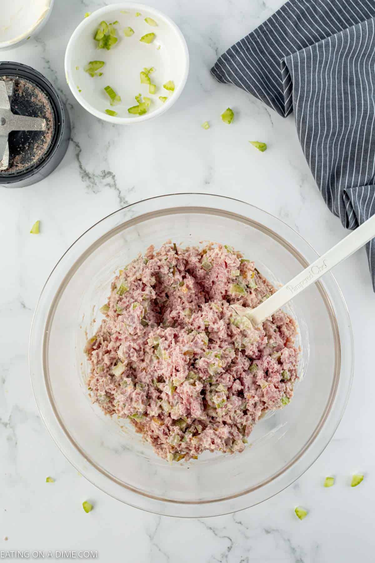 Ham Salad in a bowl with spatula