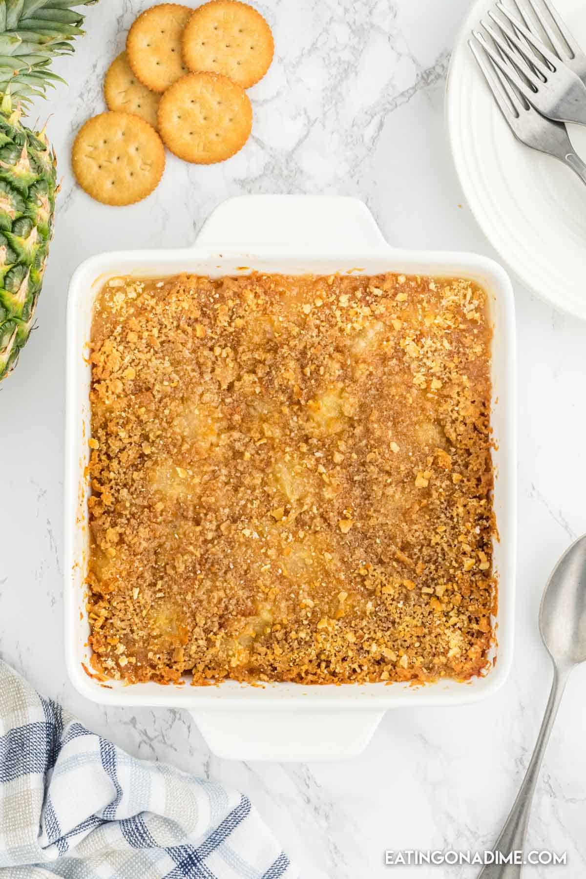 Baked pineapple casserole in a baking dish