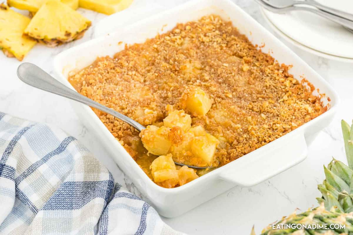Pineapple Casserole in a baking dish.