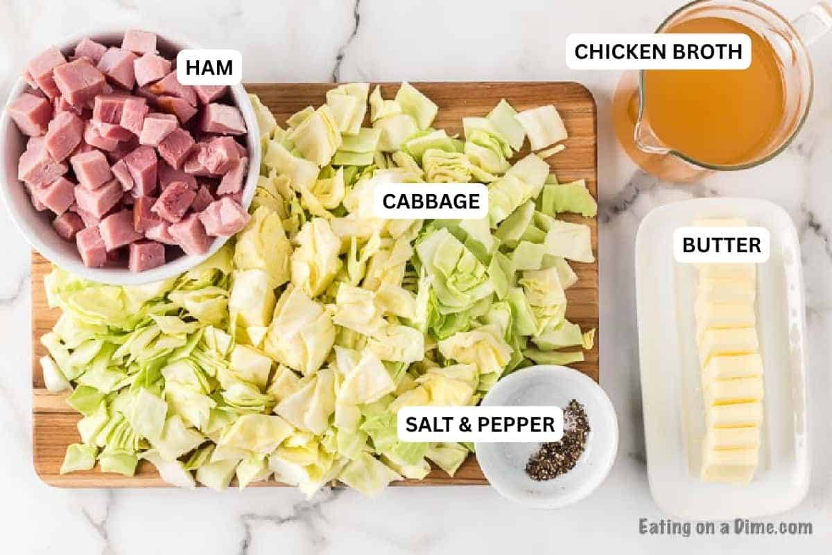 Crock pot ham and cabbage recipe is the best way to use leftover ham. The entire dish is slow cooked to perfection and packed with flavor. Make ham and cabbage for a budget friendly dinner. Slow Cooker ham and cabbage is so easy and delicious. #eatingonadime #crockpothamandcabbage #hamandcabbagerecipescrockpots #hamandcabbagecrockpot Ingredients for recipe: ham, chicken broth, cabbage, butter, salt and pepper.
