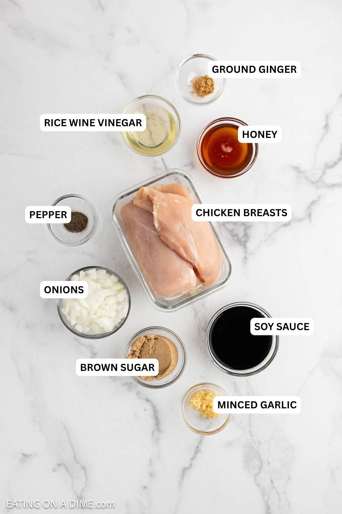 Ingredients for recipe: chopped onions, brown sugar, minced garlic, black pepper, soy sauce, honey, ground ginger, and rice vinegar.