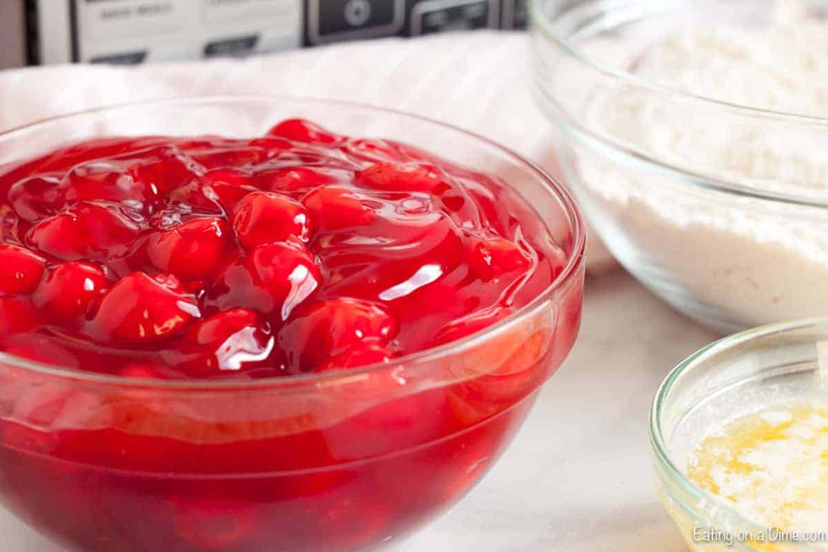 Ingredients needed for Cherry Dump Cake - Yellow Cake Mix, Cherry Pie Filling, Butter