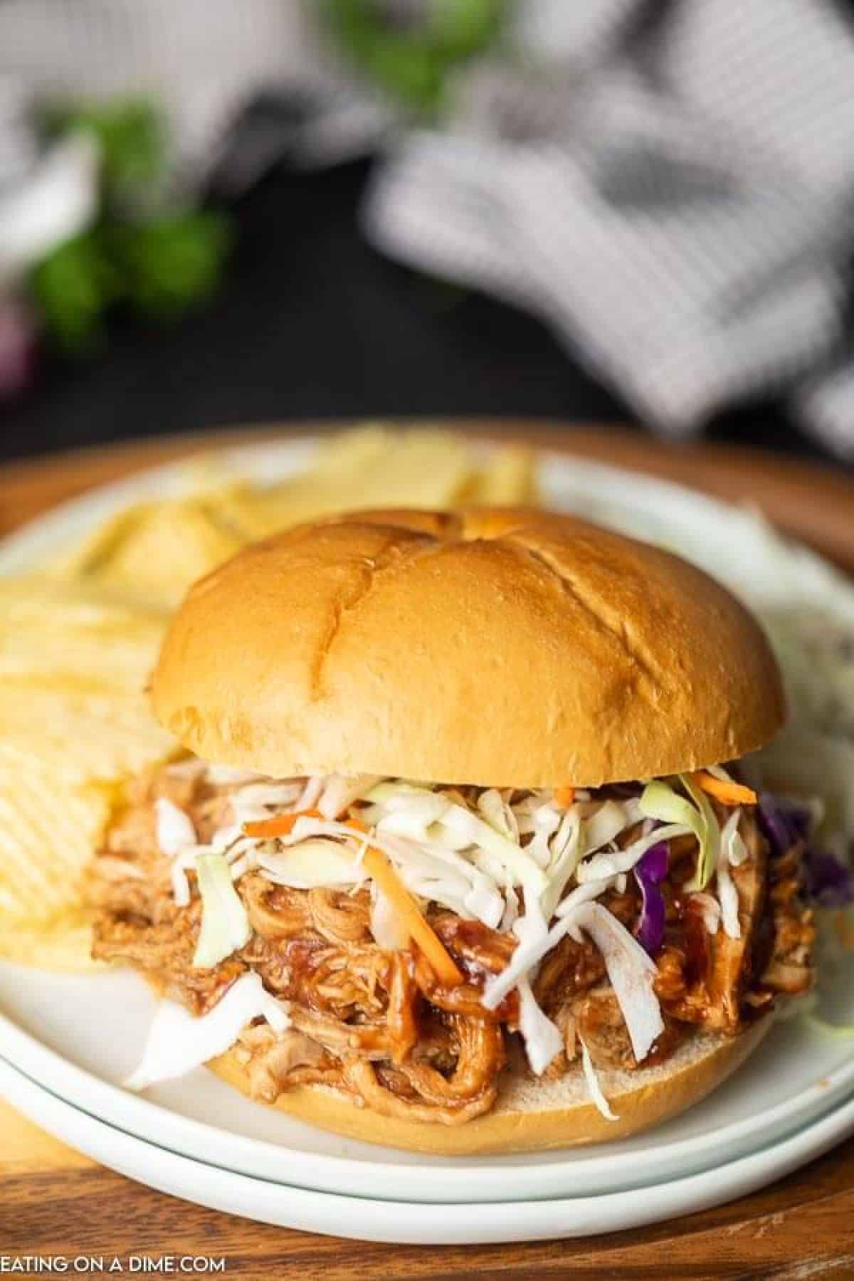 Pulled pork sandwich on a plate with chips