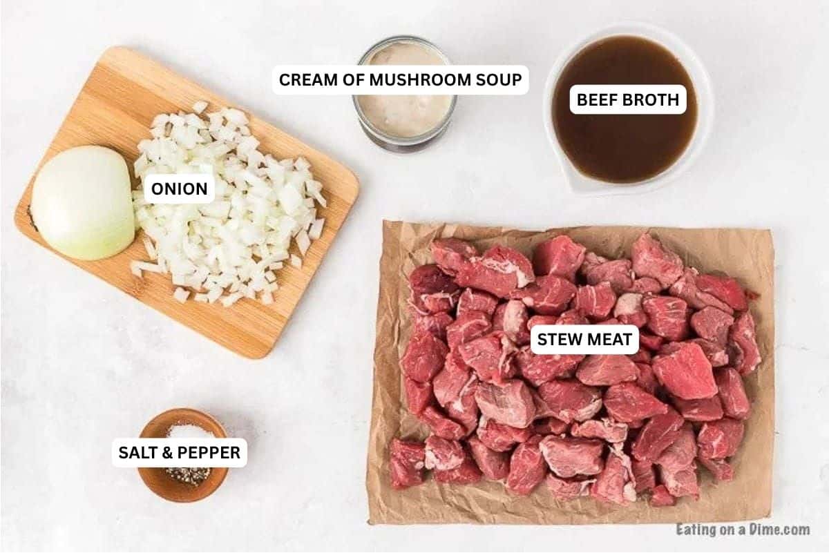 Ingredients for recipe: cream of mushroom soup, beef broth, onion, salt, pepper and stew meat. 