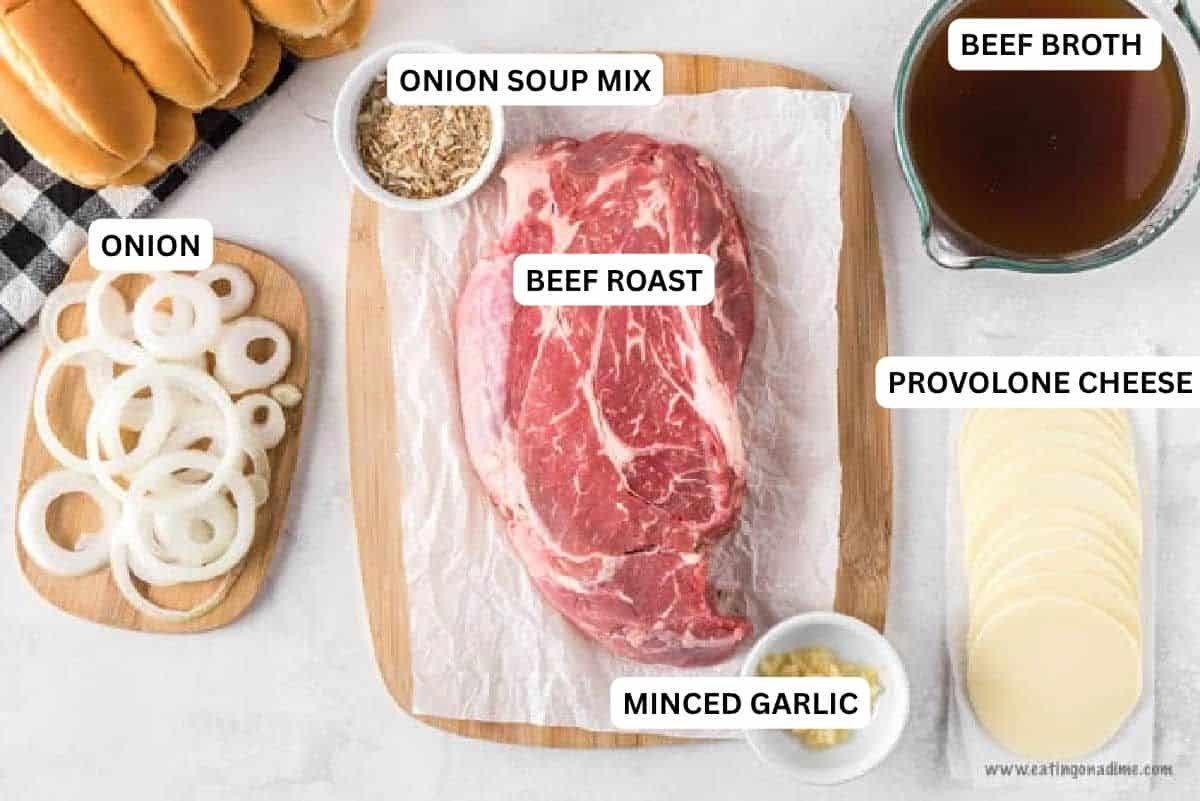 This Crock pot french dip recipe is so tender and delicious. My family loves this meal and the crock pot makes it super easy to enjoy. Ingredients for recipe - onion, onion soup mix, beef roast, minced garlic, beef broth, provolone cheese.