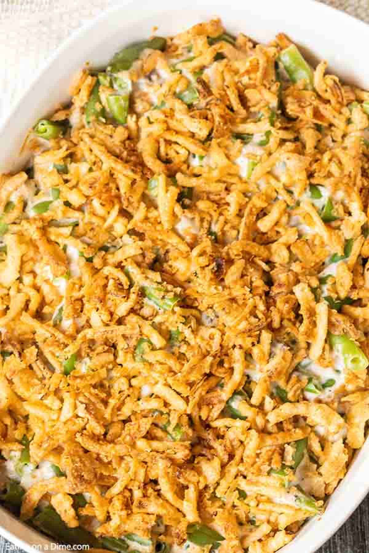 Close up image of green bean casserole. 