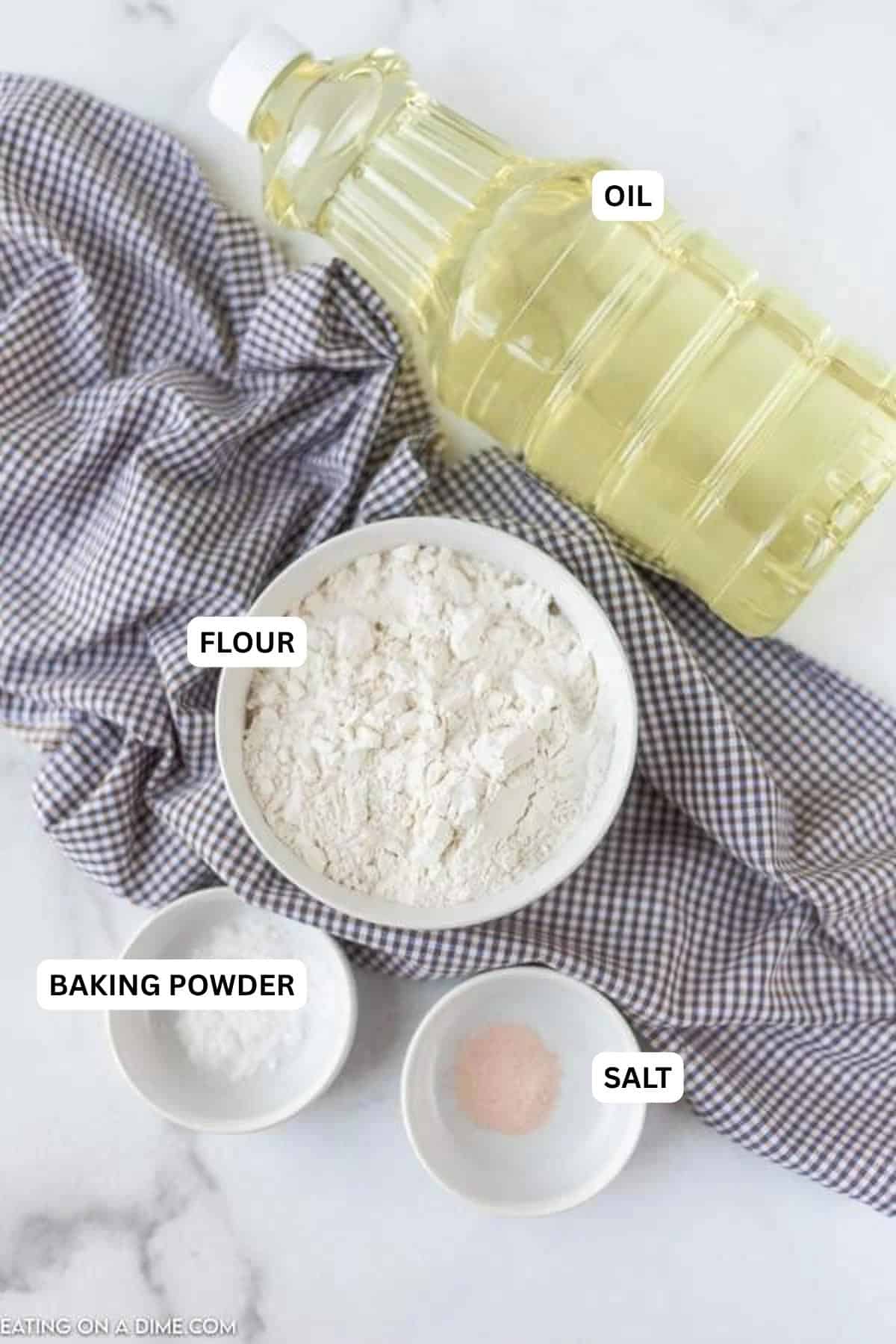 Ingredient for recipe: oil, flour, baking powder and salt.