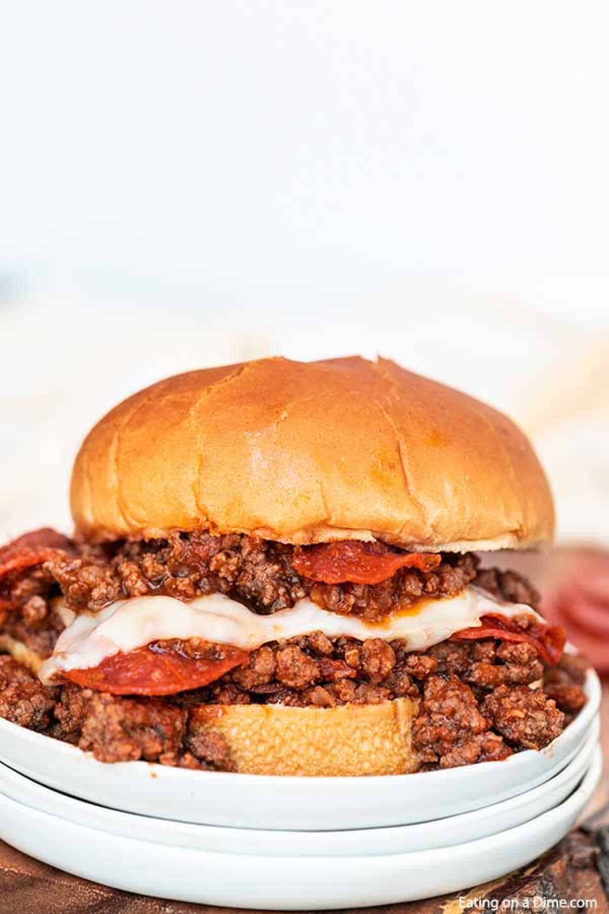 Pepperoni pizza sloppy joes on a plate