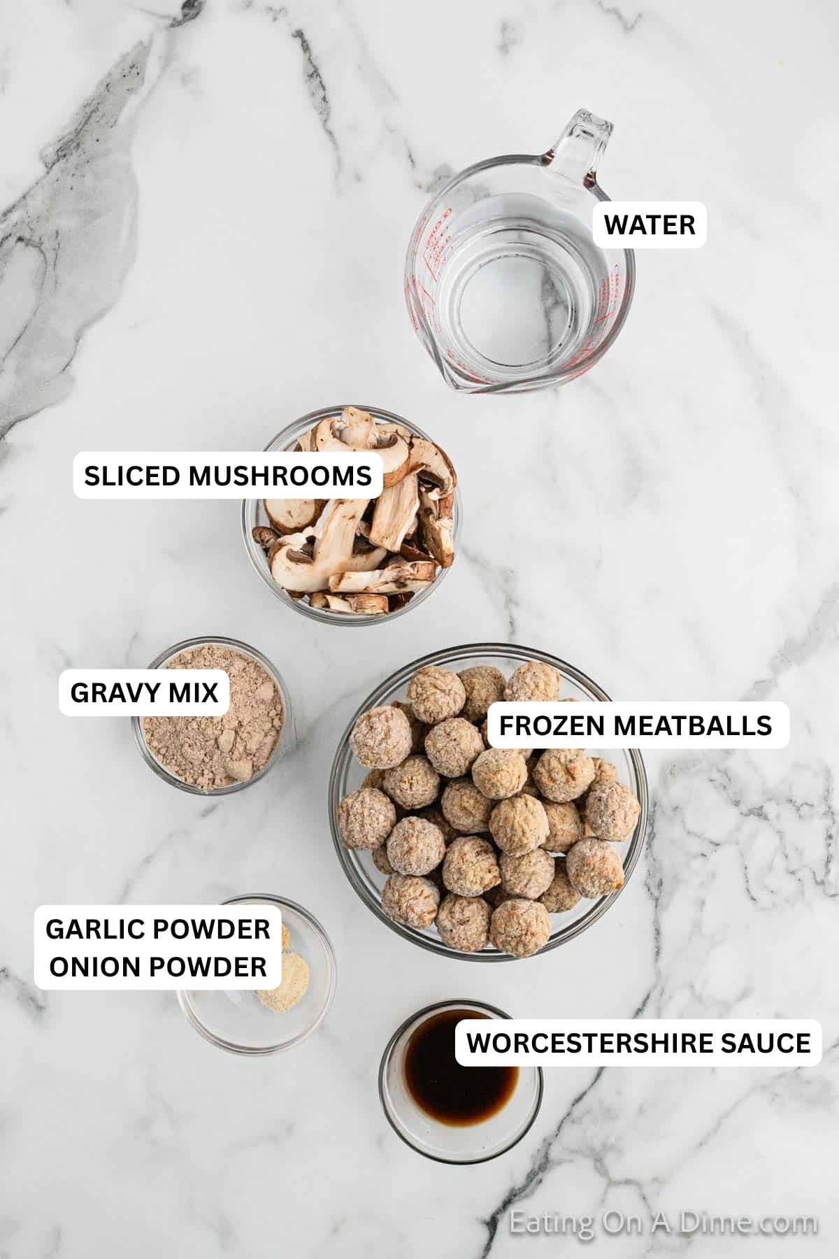 Ingredients for recipe: water, sliced mushrooms, gravy mix, frozen meatballs, garlic powder, onion powder and Worcestershire sauce.