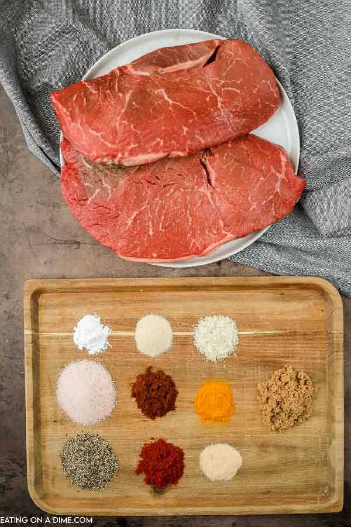 Ingredients for recipe: steak, brown sugar, salt, black pepper, paprika, chili powder, garlic powder, onion powder, garlic salt, tumeric, cornstarch