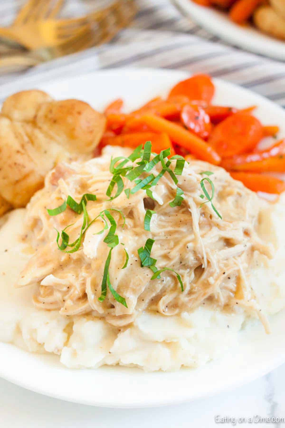 Chicken and gravy over mashed potatoes on a plate with carrots