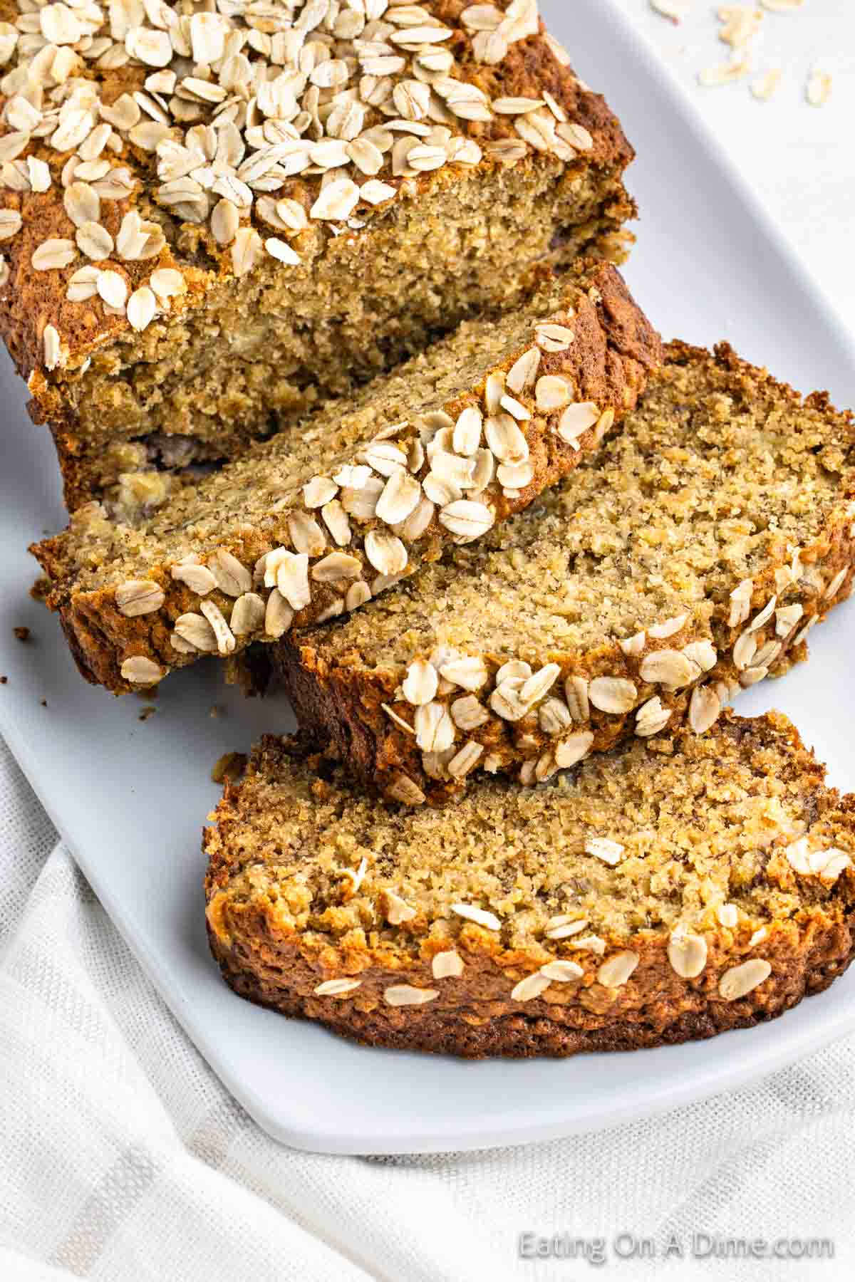 Oatmeal Banana Bread sliced on a platter
