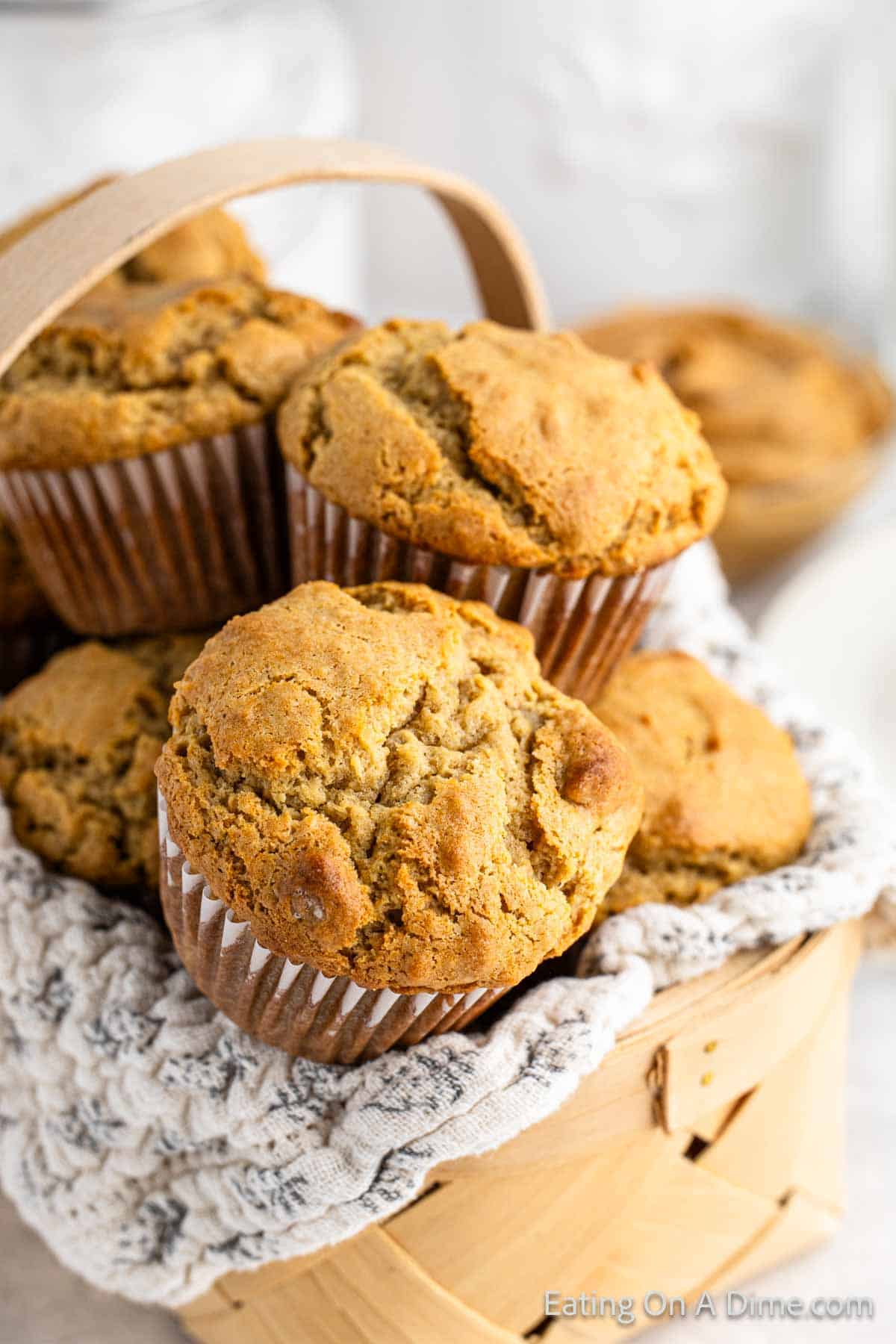Peanut butter muffins stacked in a basket