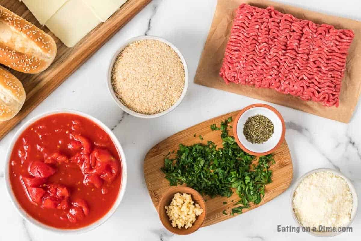 Meatball Subs Ingredients - ground beef, breadcrumbs, parmesan cheese, minced garlic, italian seasoning, salt and pepper
