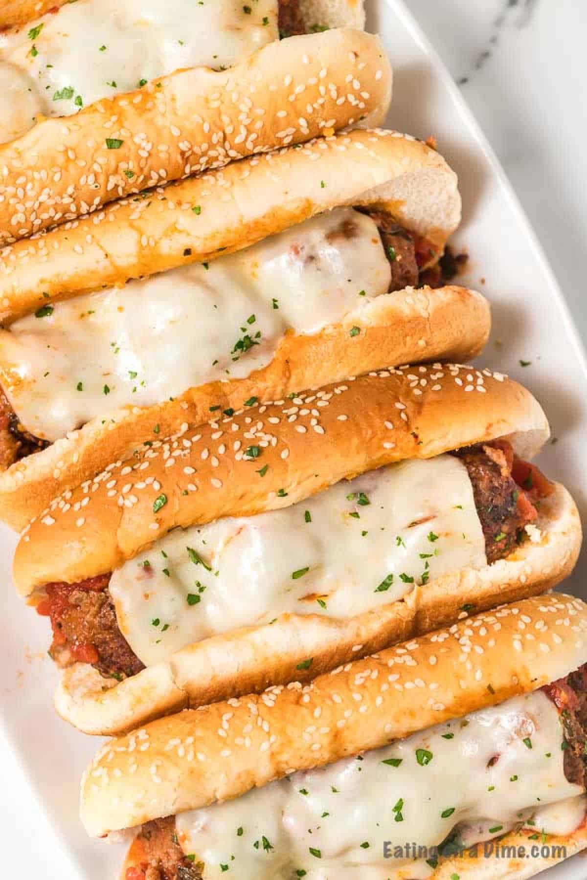 Close up image of meatball subs on a platter