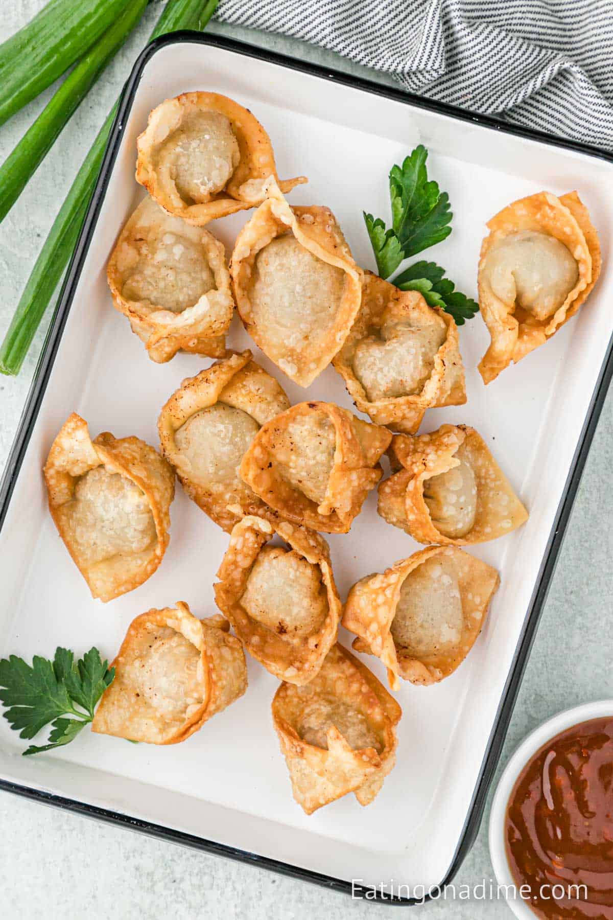 Cooked Fried wontons on a platter ready to serve