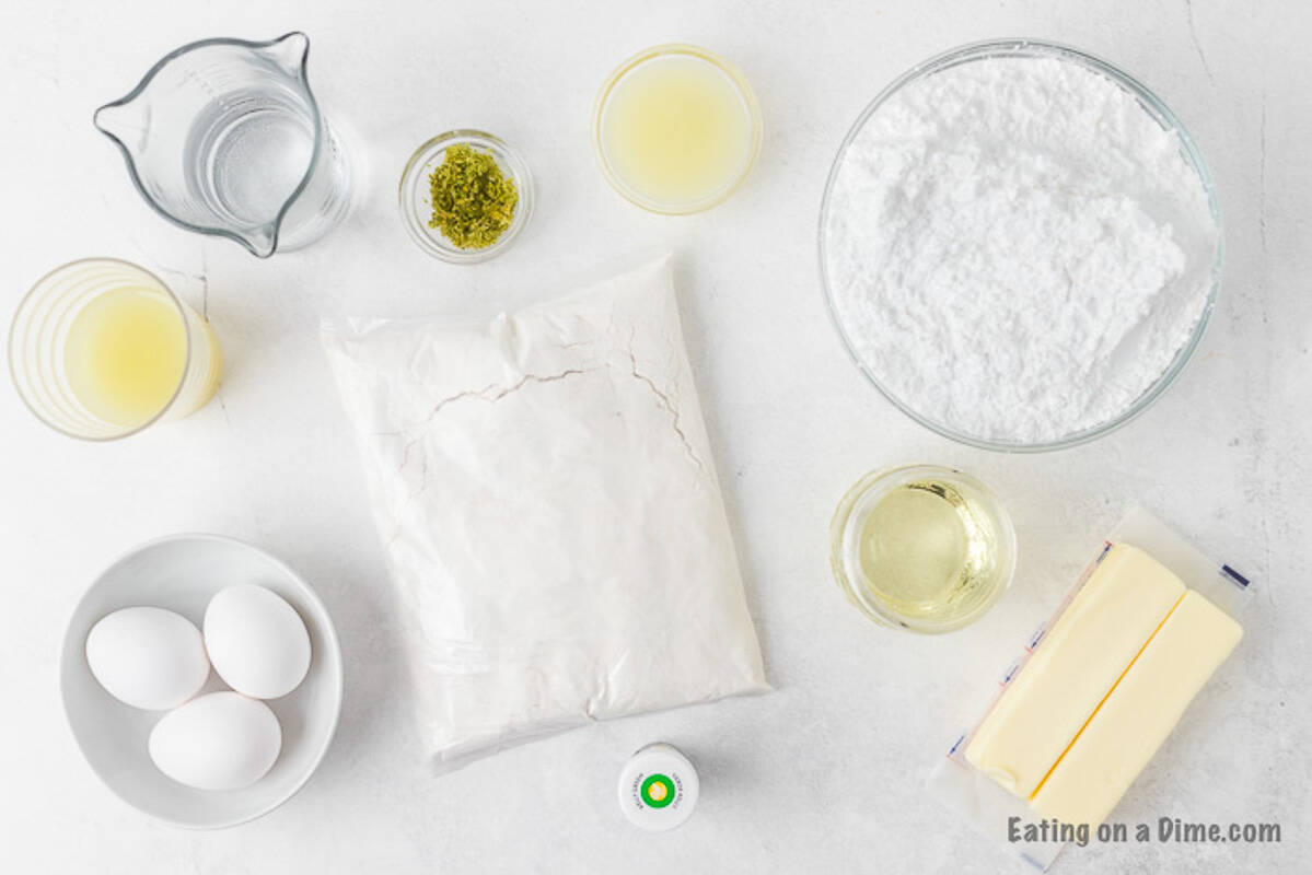 Ingredients to make Key Lime Cupcakes: Cake Mix, Lime Juice, Butter, Powdered Sugar, Lime Juice, Lime Zest and green food coloring. 